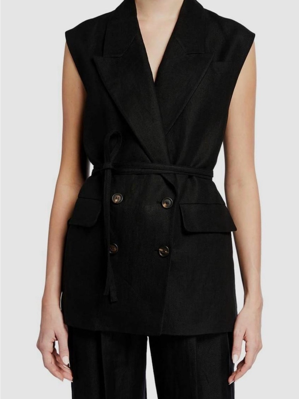 Brunello Cucinelli Black 100% Linen Sleeveless Double Breasted Blazer Vest IT 44